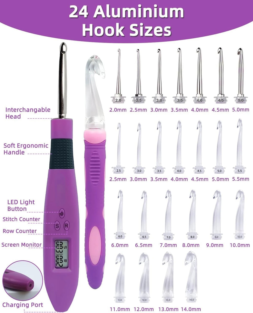 Lighted Crochet Hook Set with Digital Stitch & Row Counter