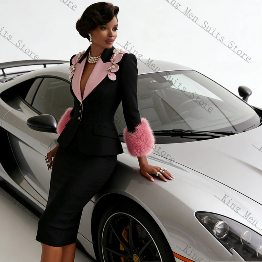 Fur-Cuff Blazer & Pencil Skirt Suit