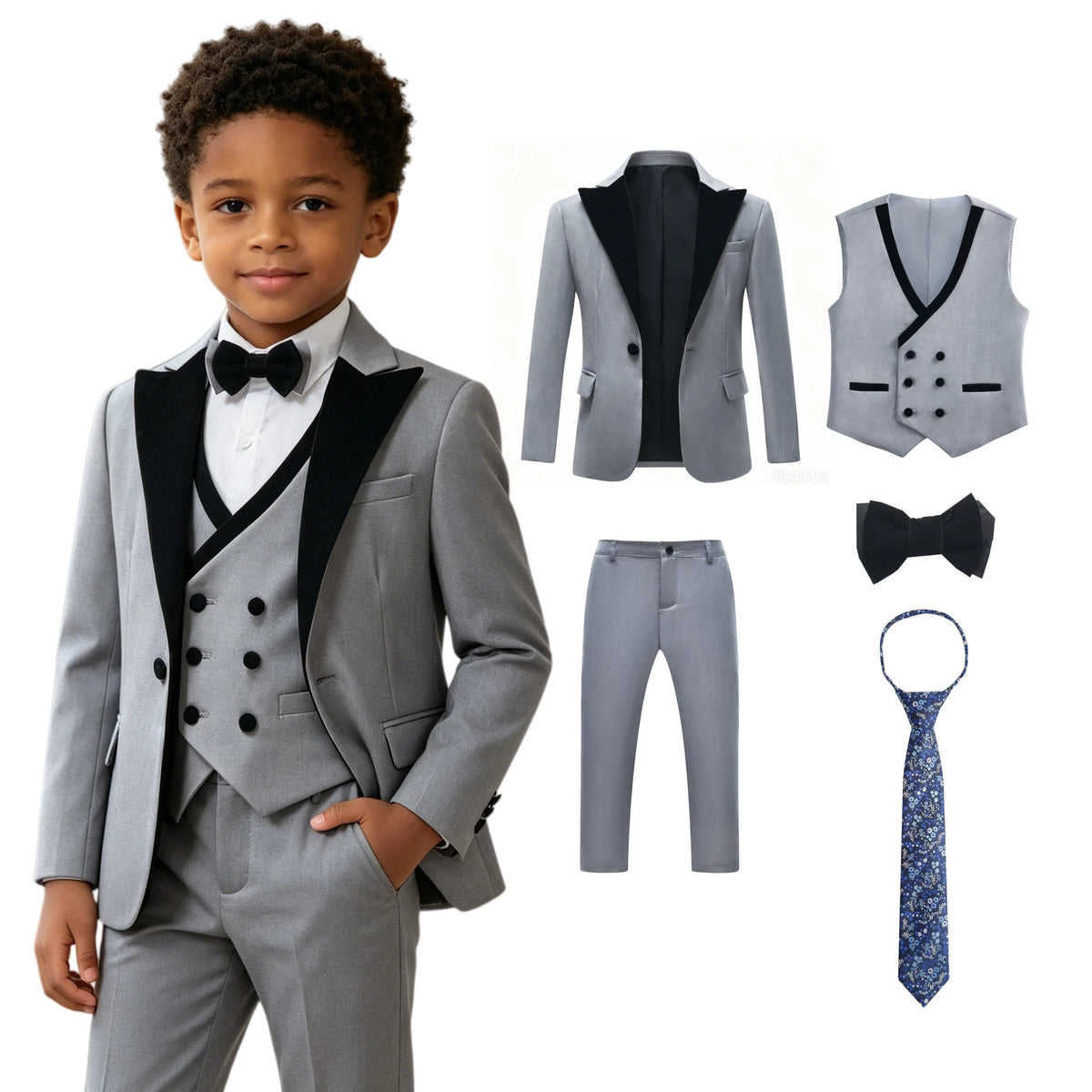Boys’ 5-Piece Formal Suit Set with Bow Tie & Necktie – 3T–14T