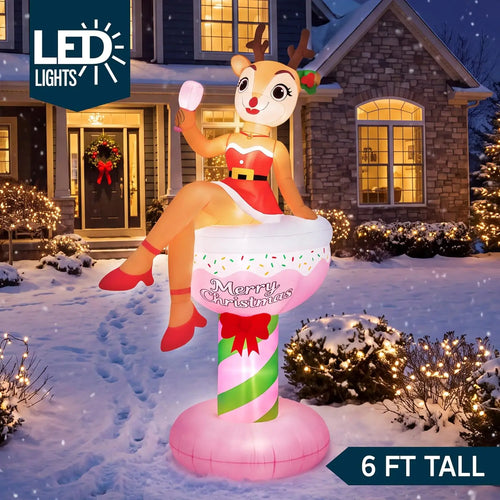 6FT Christmas Inflatable Reindeer Lady in Cocktail Glass Outdoor Decoration Reindeer Blow Up Christmas Decorations Party Ornament with Built‑in LED Light for Xmas Yard Garden Bar Holiday Decor