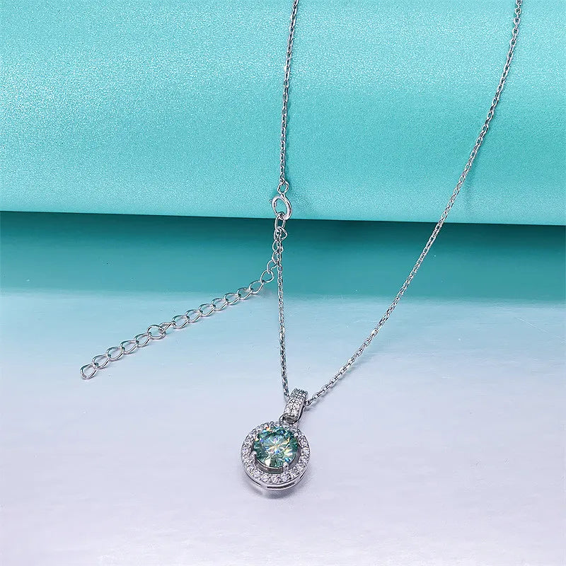 Blue Green Moissanite Pendant Necklace in 925 Sterling Silver