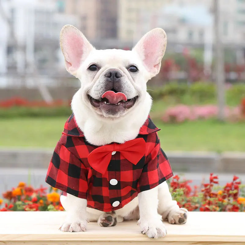 Plaid Pet Shirt with Red Bow Tie – Three Colors, XS–4XL