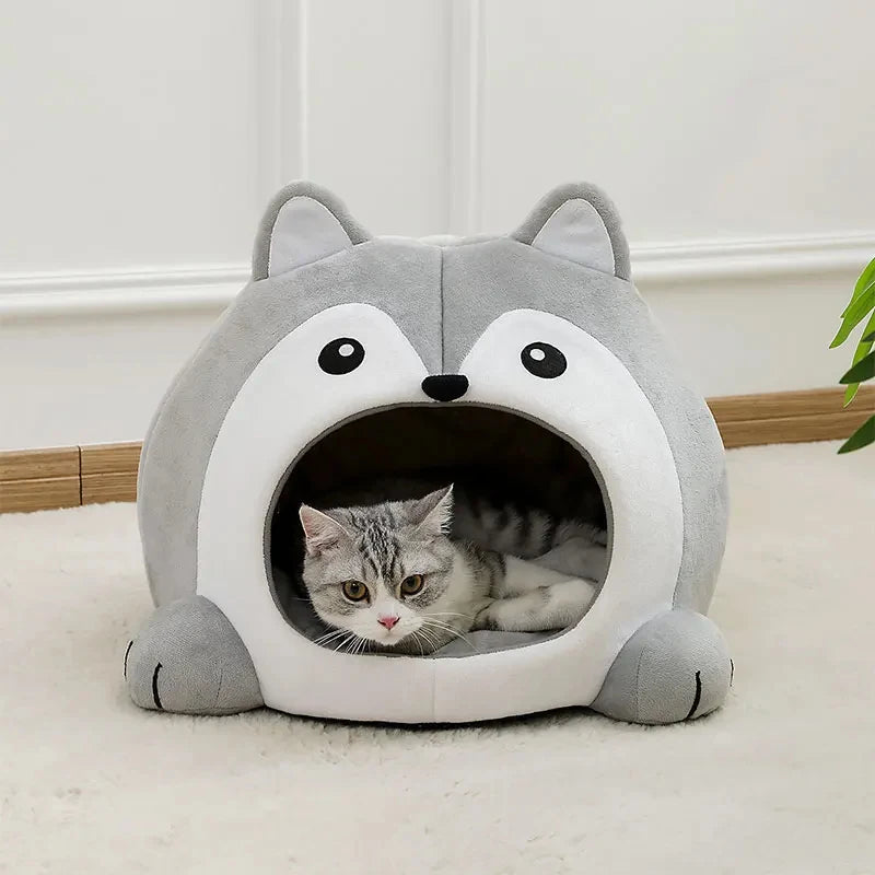 Husky-Shaped Plush Cat Cave Bed – Three Sizes