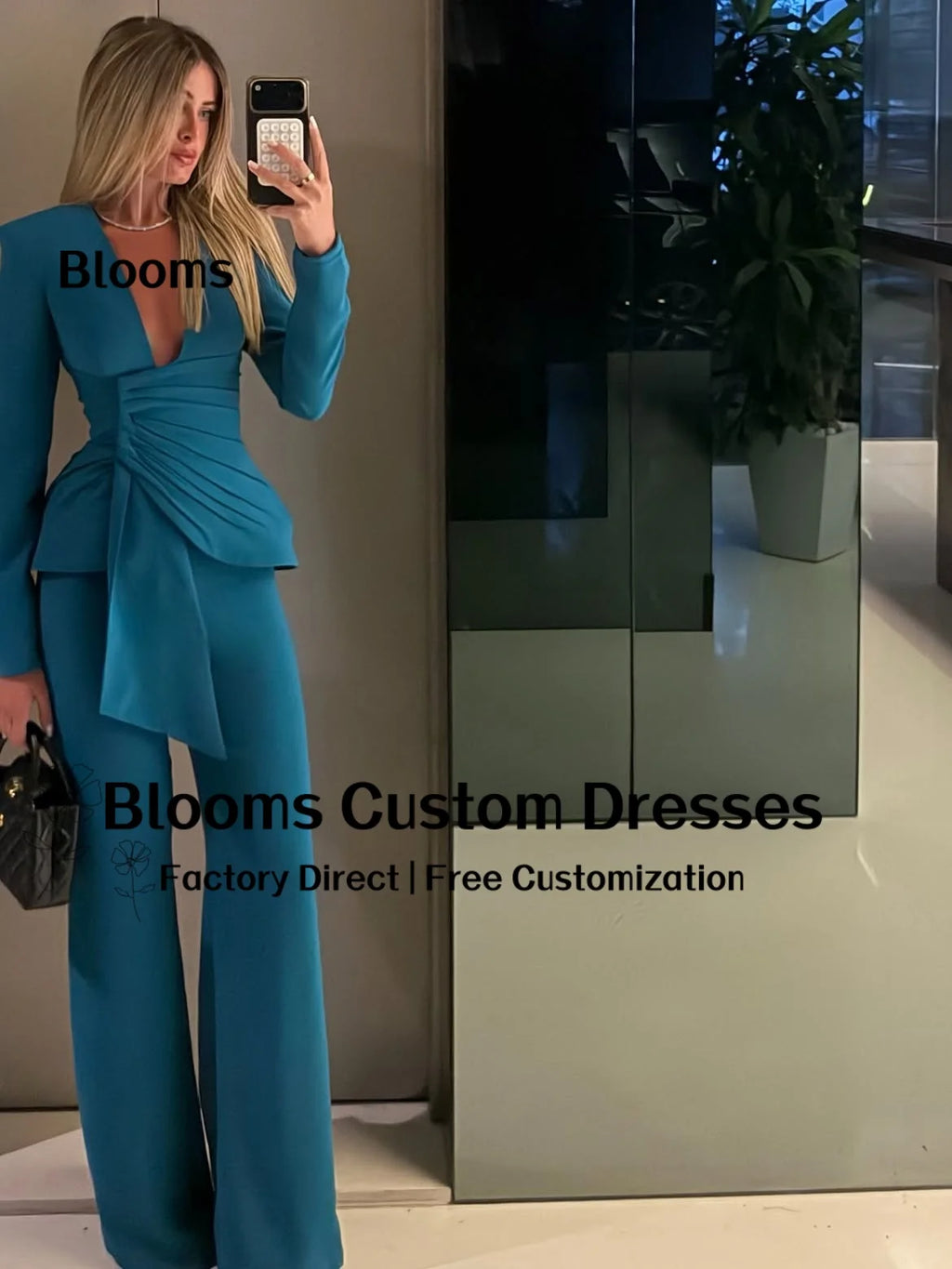 Women's Teal Deep-V Evening Pant Suit with Ruched Top