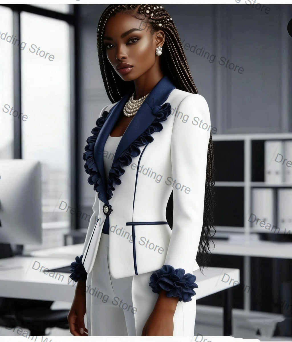 Contrast Ruffle-Trim Blazer & Pants Suit Set