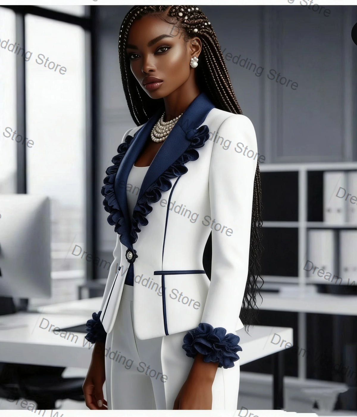 Contrast Ruffle-Trim Blazer & Pants Suit Set