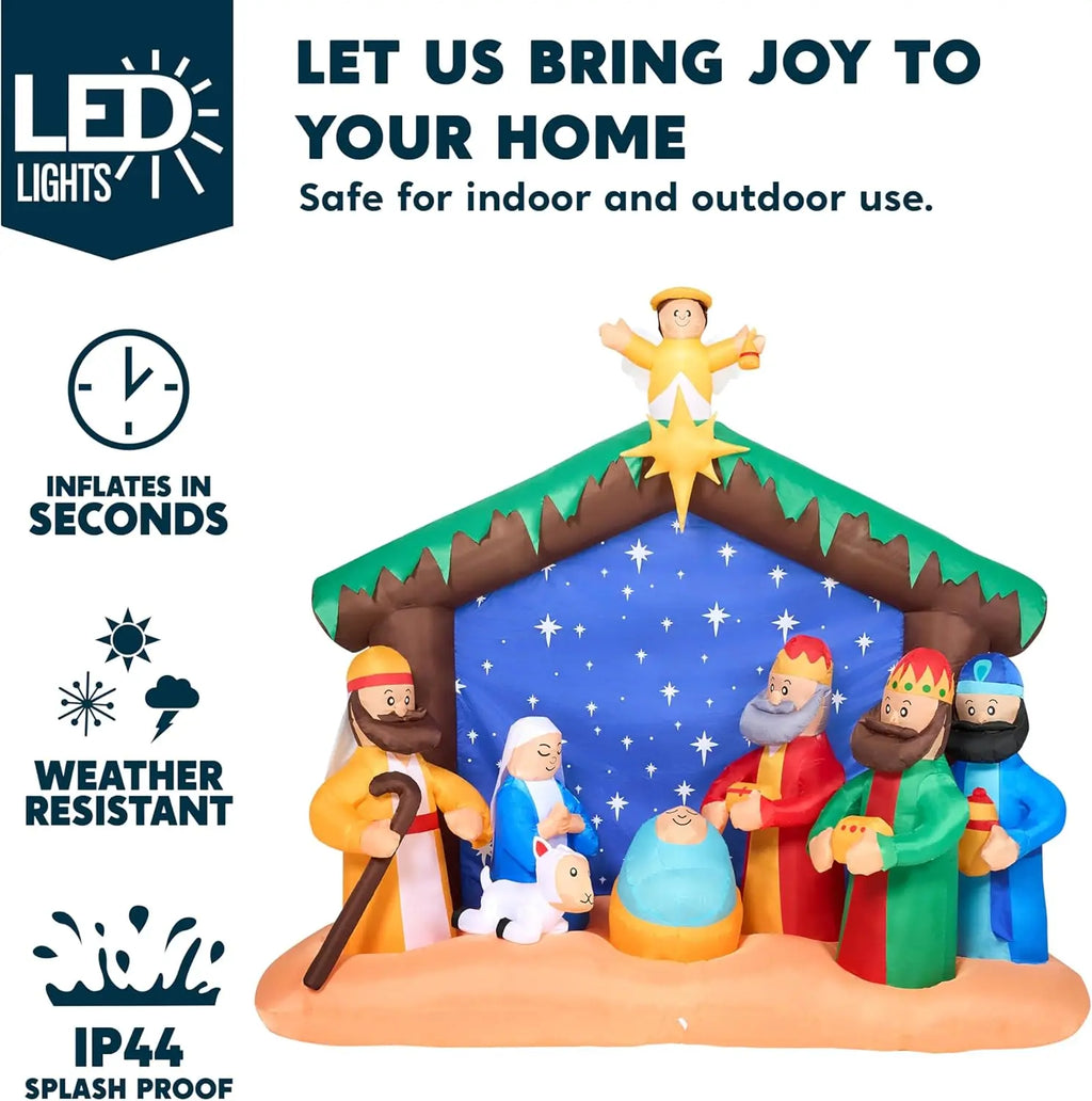JOYFY 8 FT Long Christmas Inflatables Nativity Scene Christmas Nativity Set with Build-in LEDs for Xmas Party Yard Décor