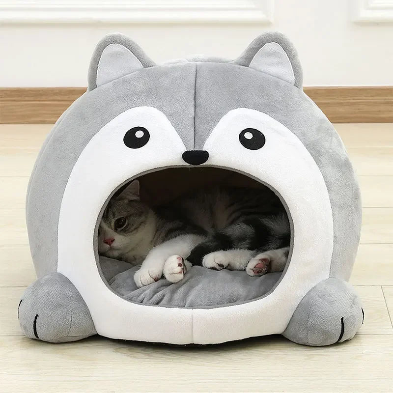 Husky-Shaped Plush Cat Cave Bed – Three Sizes
