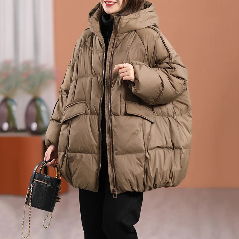 Hooded White Duck Down Puffer Jacket, Oversized Fit