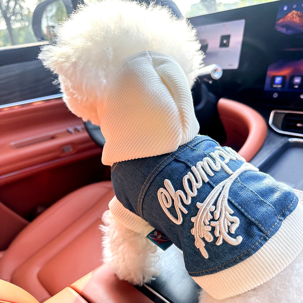 Blue Denim-Look Dog Hoodie with White Hood & Embroidered Back