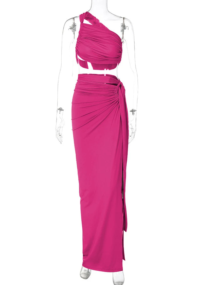 Beyprern Ruched Crop Top & High-Slit Maxi Skirt Set