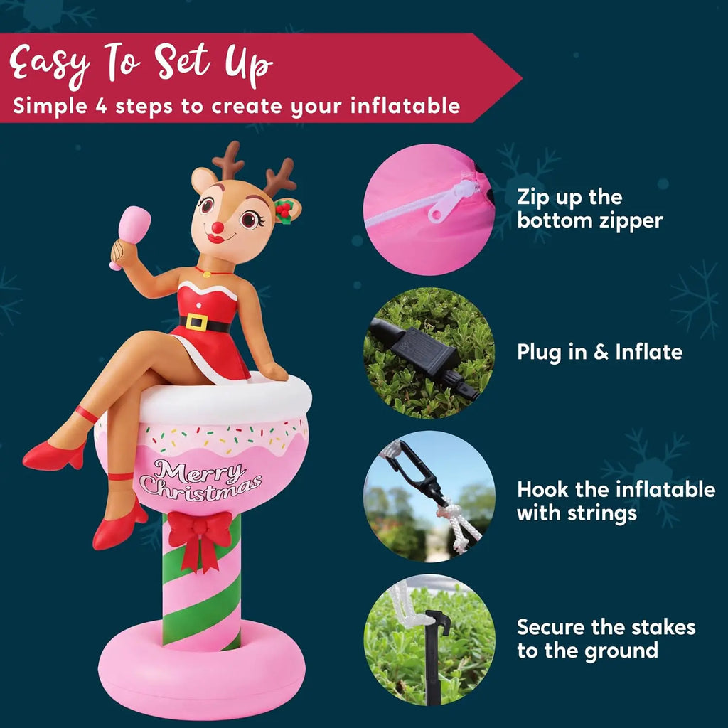 6FT Christmas Inflatable Reindeer Lady in Cocktail Glass Outdoor Decoration Reindeer Blow Up Christmas Decorations Party Ornament with Built‑in LED Light for Xmas Yard Garden Bar Holiday Decor