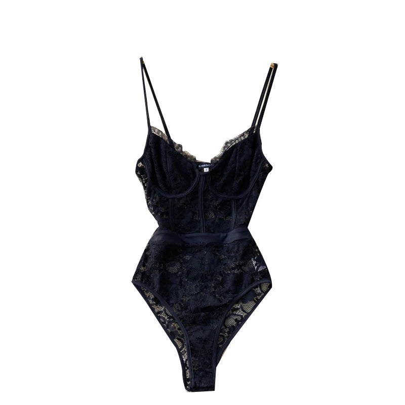 Black Floral Lace Spaghetti-Strap Bodysuit