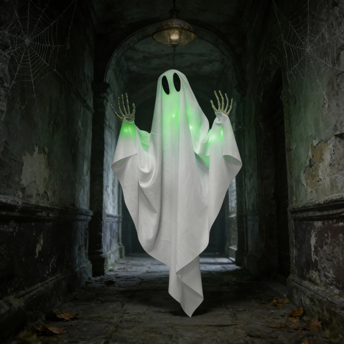 Green Light-Up Hanging Halloween Ghost – Skeleton Hands