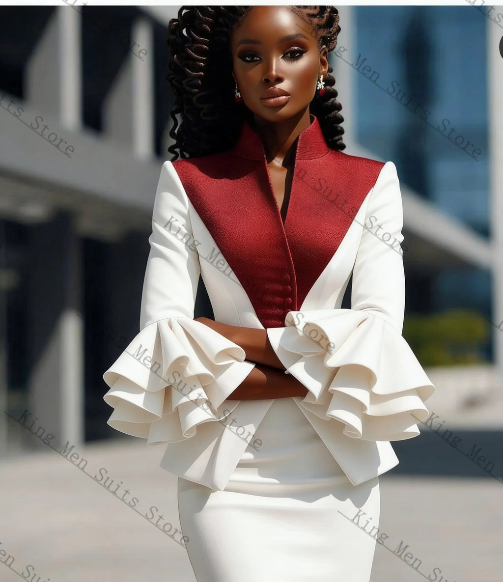 Contrast-Front Blazer & Pencil Skirt Set with Ruffle Cuffs