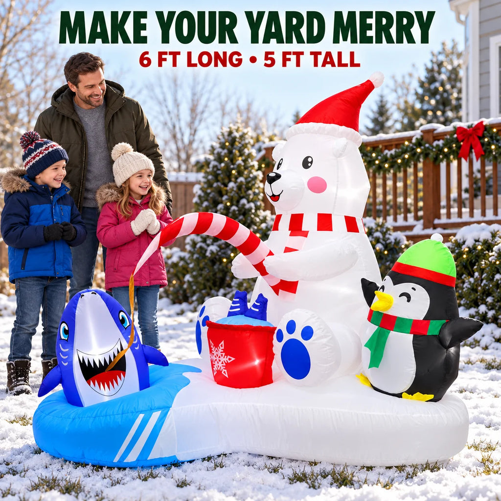 LED Christmas Inflatable Polar Bear Fishing Scene with Penguin & Shark