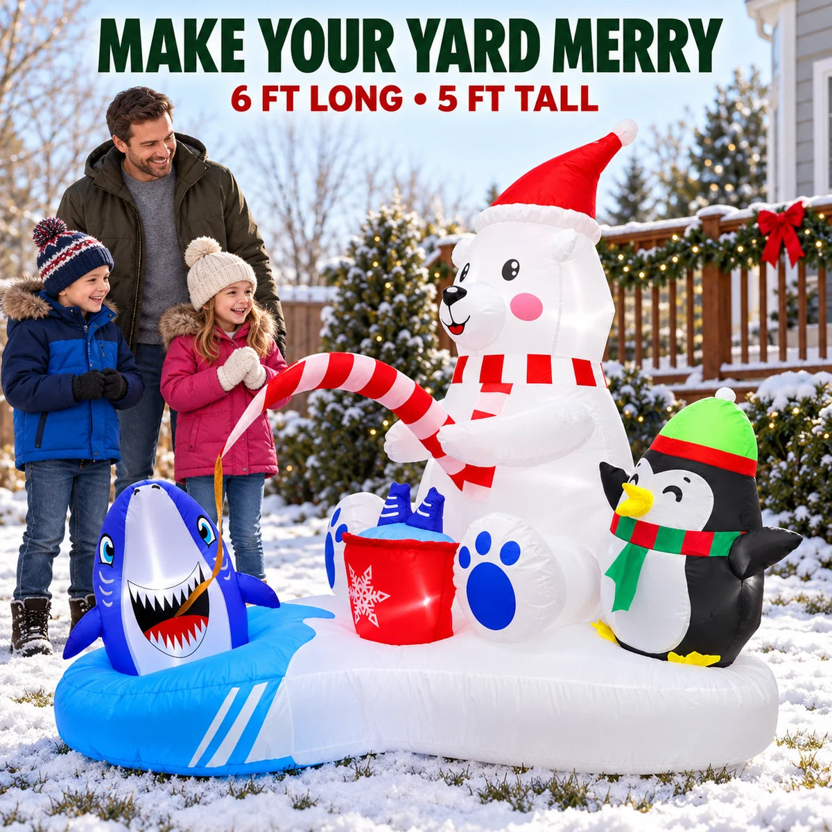 LED Christmas Inflatable Polar Bear Fishing Scene with Penguin & Shark