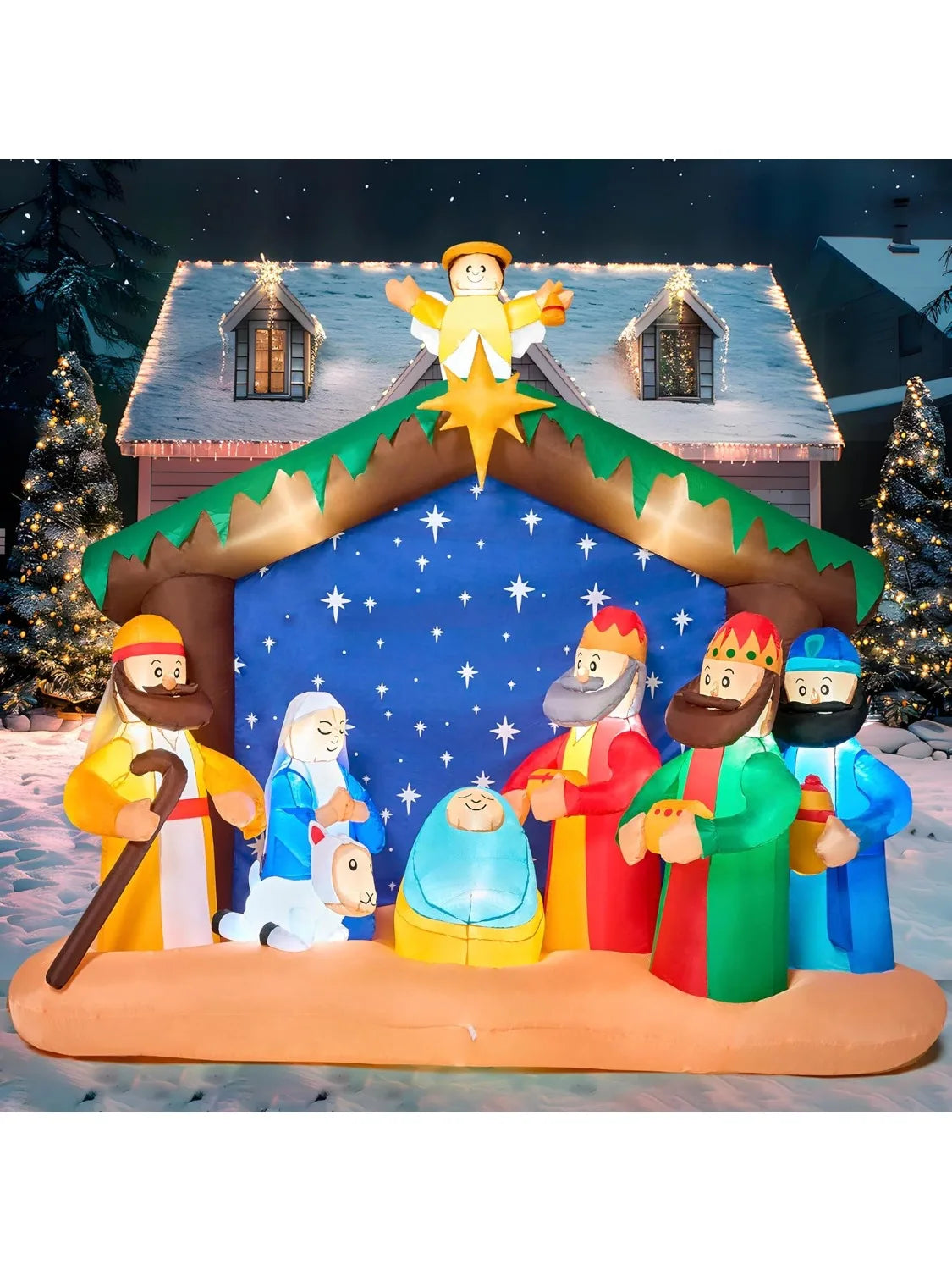 JOYFY 8 FT Long Christmas Inflatables Nativity Scene Christmas Nativity Set with Build-in LEDs for Xmas Party Yard Décor