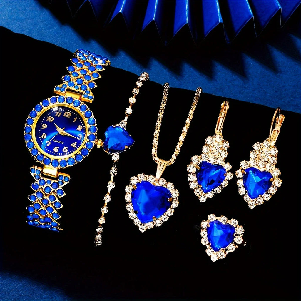 Women’s 6-Piece Quartz Watch & Jewelry Set – Blue or Red