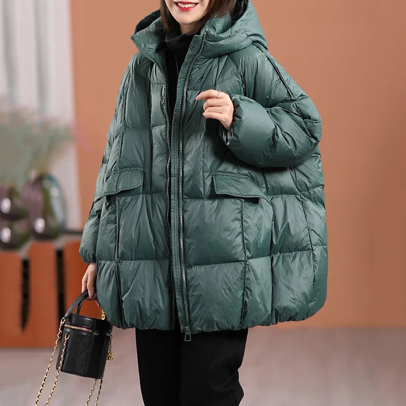 Hooded White Duck Down Puffer Jacket, Oversized Fit