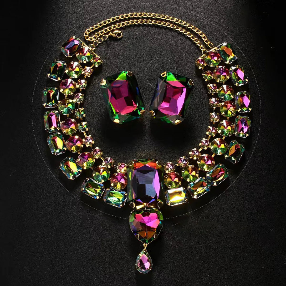 Multicolor Crystal Statement Necklace & Earring Set