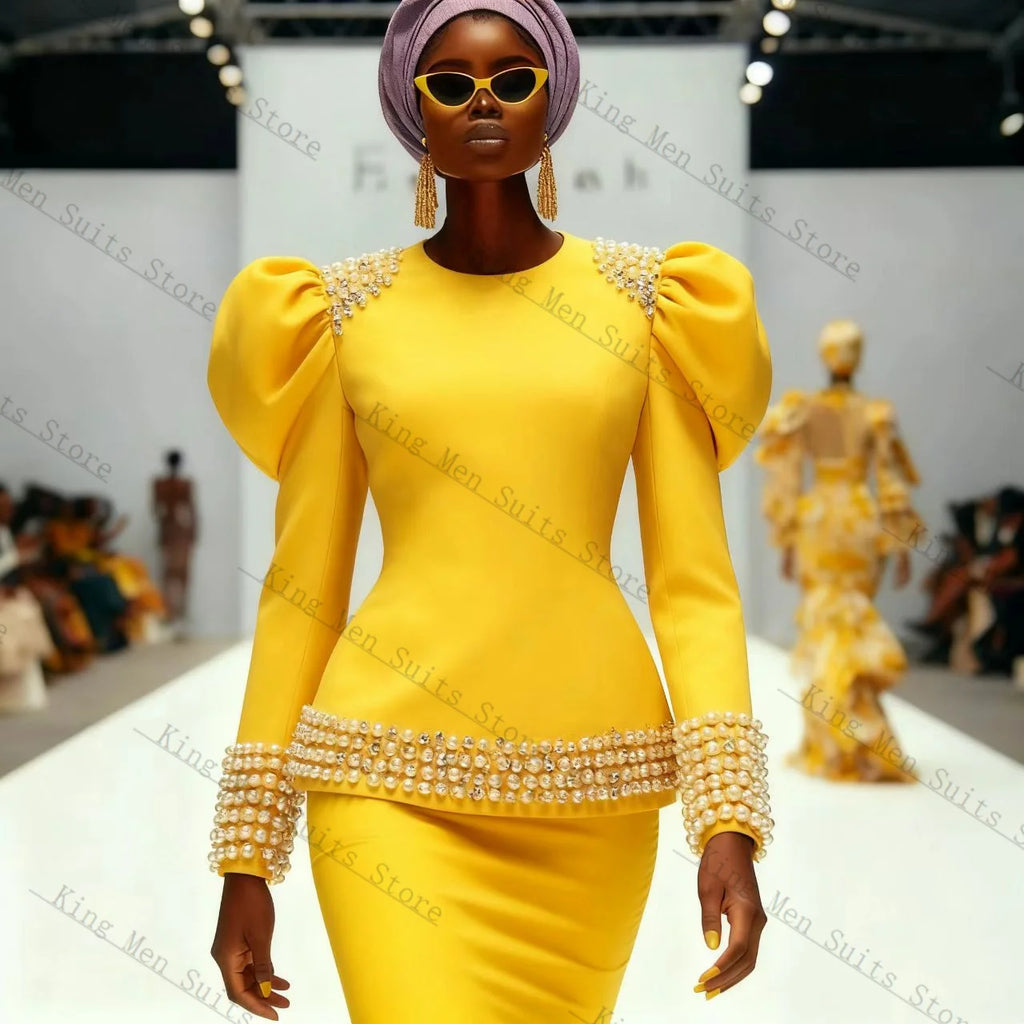 Embellished Puff-Shoulder Jacket & Skirt Set