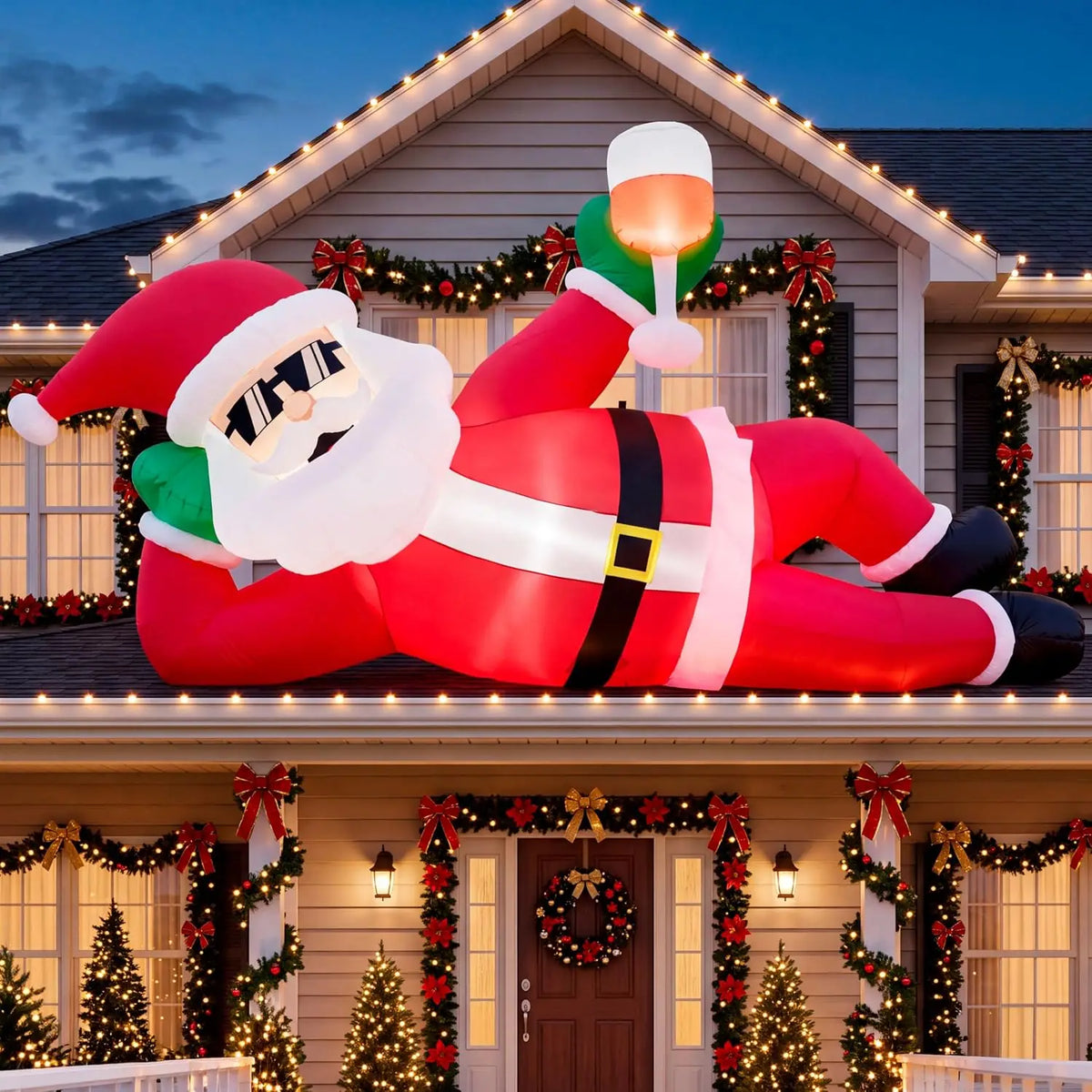9FT Giant Christmas Inflatable Santa Outdoor Decoration Lying Santa Claus Christmas Blow Ups Yard Decorations with Built‑in LED Lights for Xmas Roof Lawn Garden Patio Holiday Party Decor