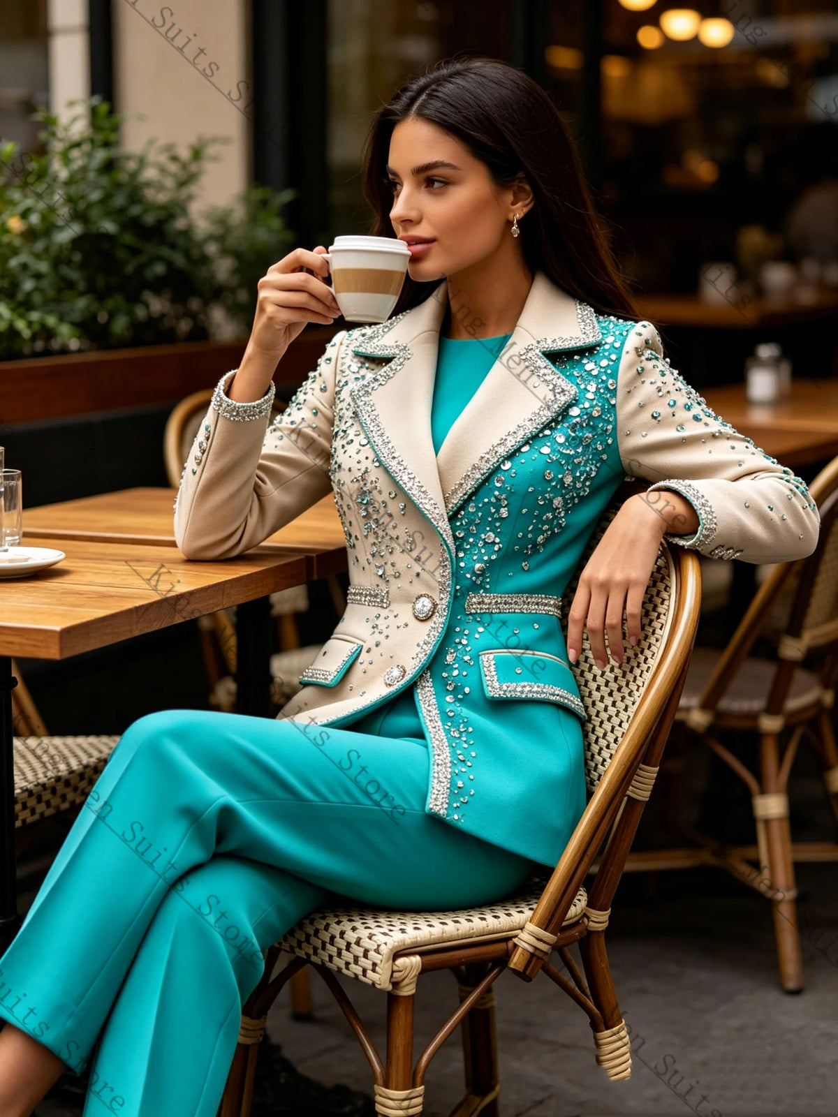 Crystal-Detail Blazer & Pants Suit
