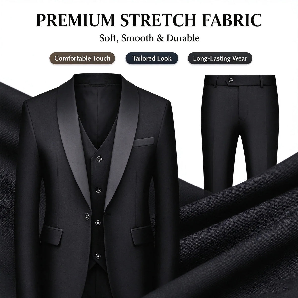 Men's 3 Piece Tuxedo Suit Set Shawl Lapel One Button Slim Fit Blazer Vest Pants Wedding Groom Prom Formal Party Business Outfit