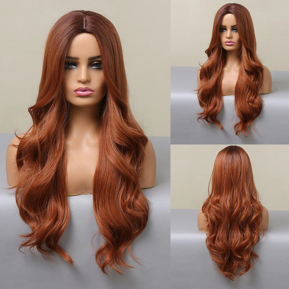 Long Wavy Middle-Part Synthetic Wig, Ombre Colors