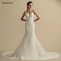 Ivory V-Neck Lace Mermaid Wedding Gown with Court Train