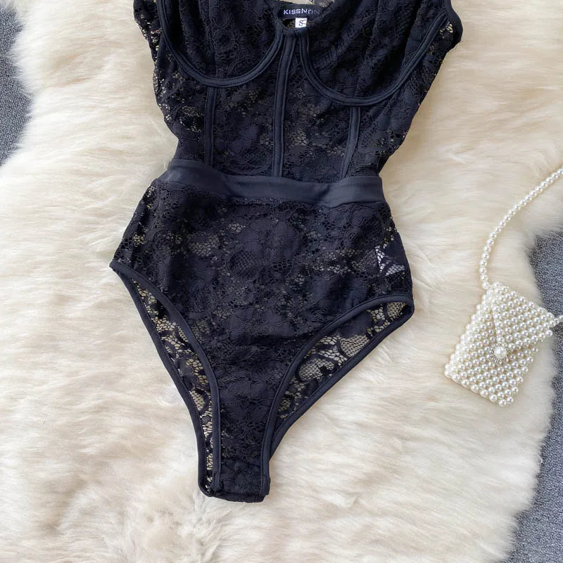 Black Floral Lace Spaghetti-Strap Bodysuit