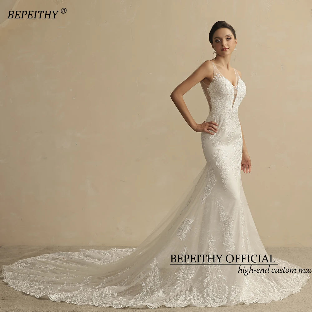 Ivory V-Neck Lace Mermaid Wedding Gown with Court Train