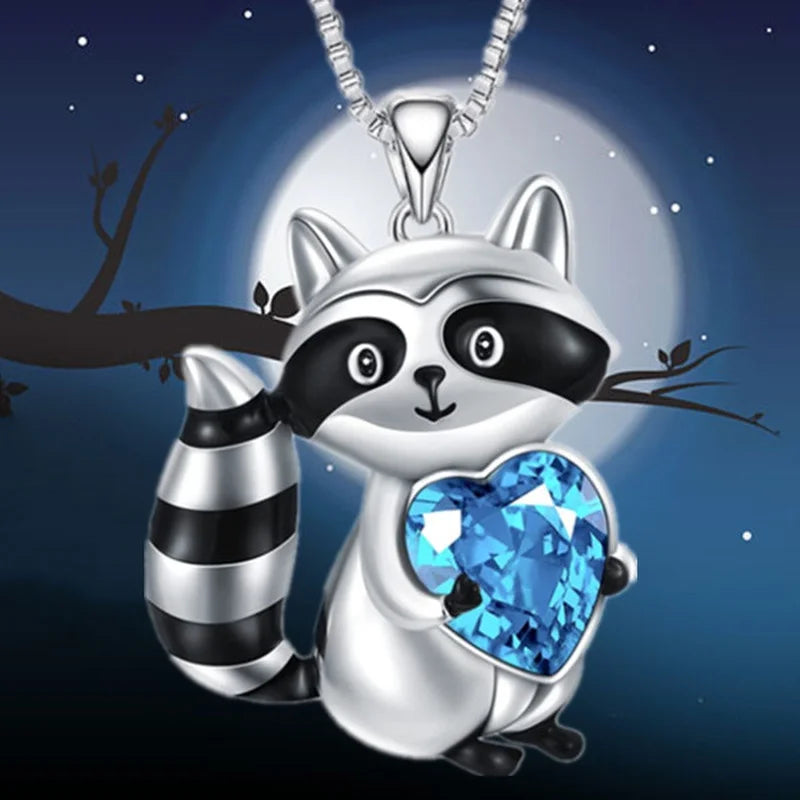Raccoon Pendant Necklace with Blue Heart Accent