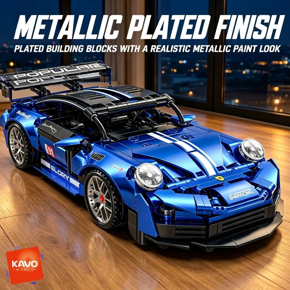 KAVOWORLD Metallic-Blue Sports Car Building Set – 444 Pieces