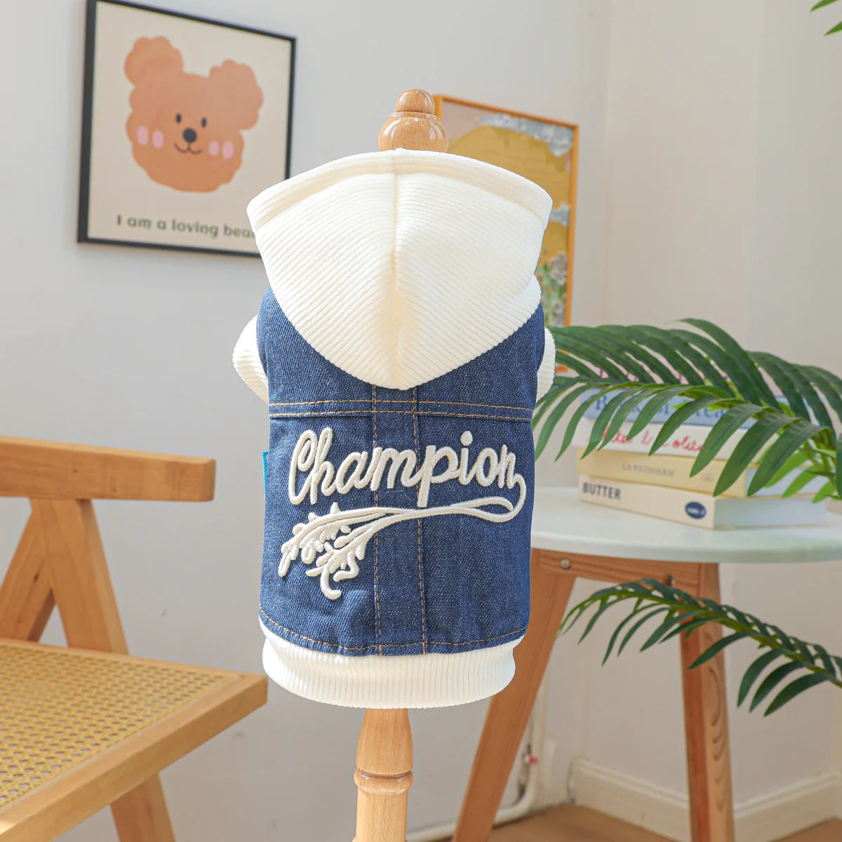 Blue Denim-Look Dog Hoodie with White Hood & Embroidered Back