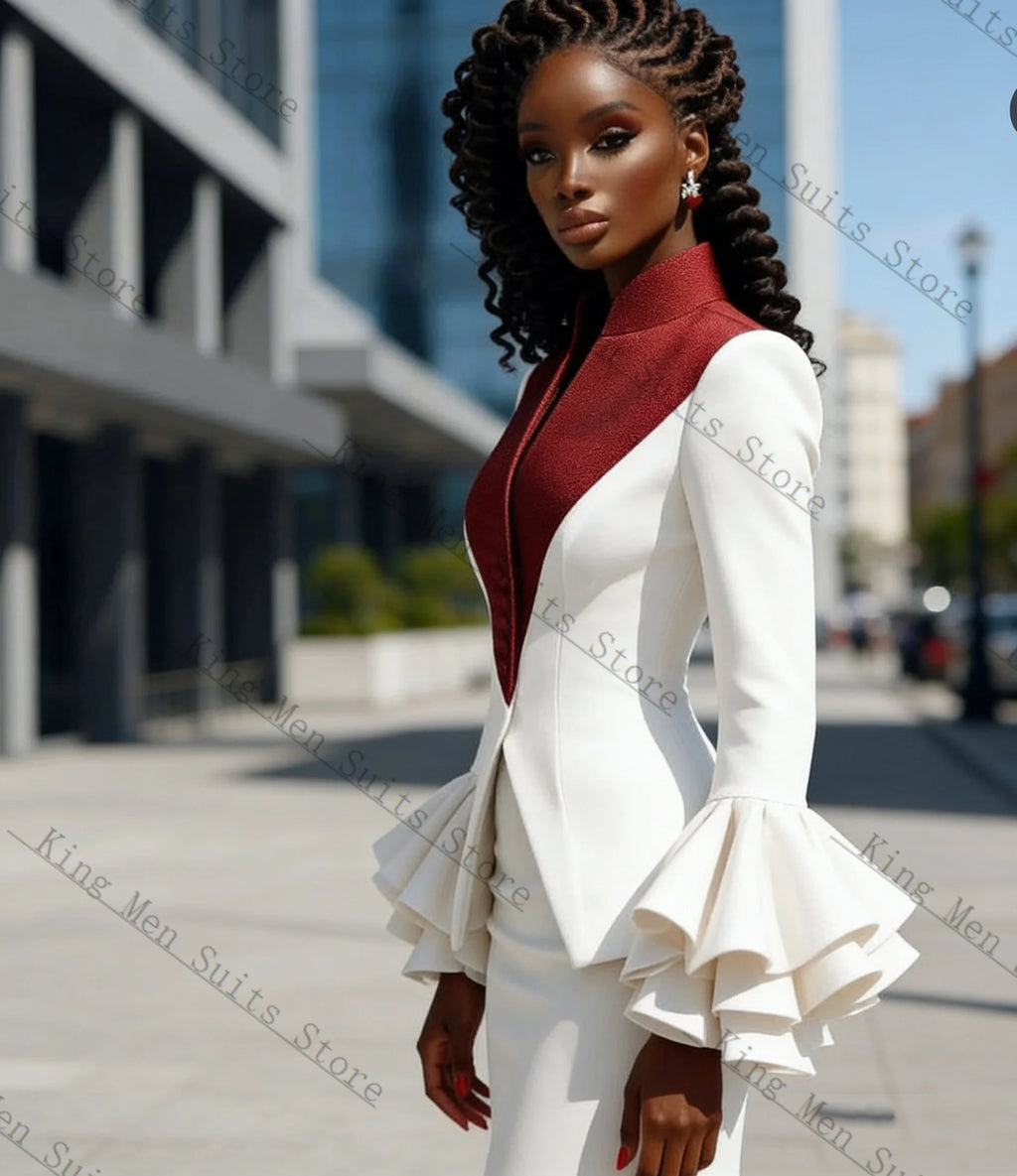 Contrast-Front Blazer & Pencil Skirt Set with Ruffle Cuffs