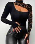 Women's Mesh Cutout Mock-Neck Long-Sleeve Top