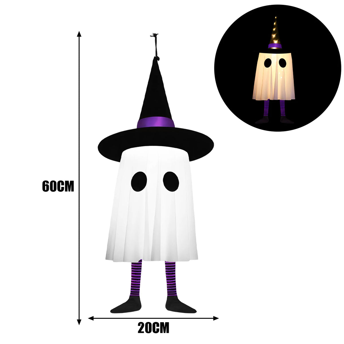 Light-Up Hanging Halloween Ghost with Witch Hat – One Piece