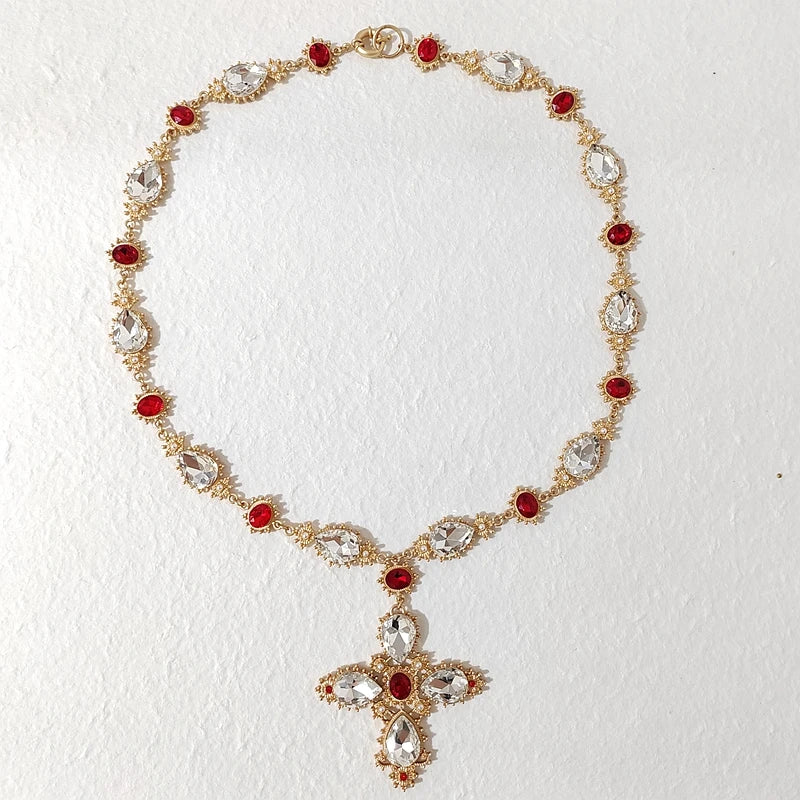 Crystal Cross Statement Choker Necklace with Pearls
