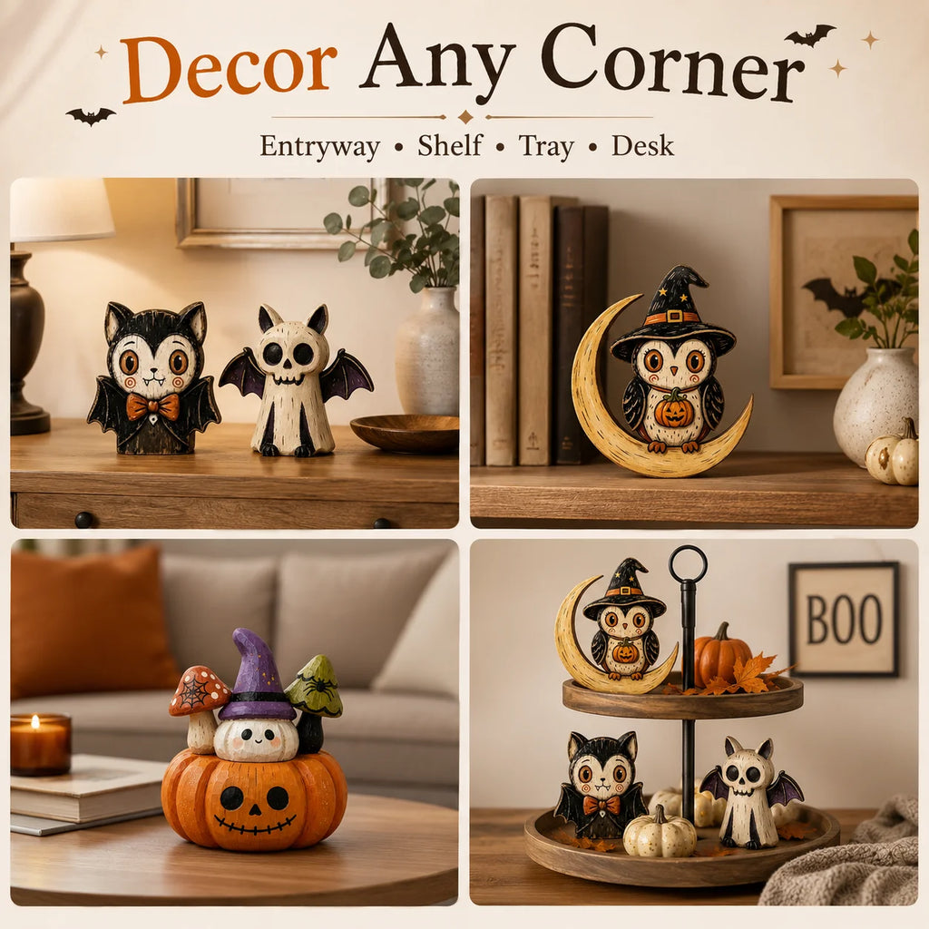 Wooden Halloween Tabletop Figures – Owl, Ghost, Pumpkin & Cat