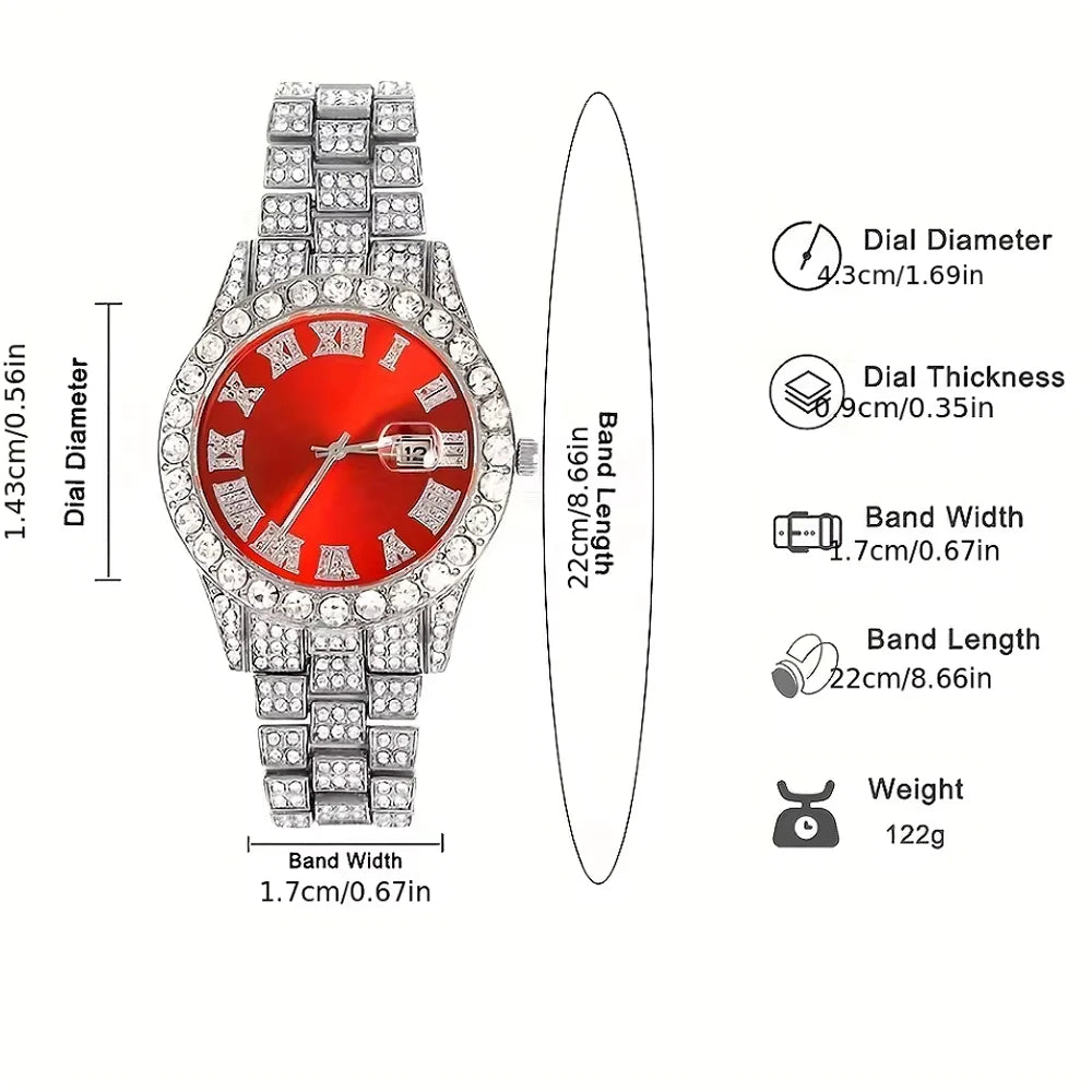 Iced-Out Cuban Chain Jewelry Sets – 2-Piece & Colored Watch Options