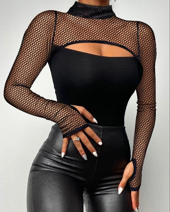 Women's Mesh Cutout Mock-Neck Long-Sleeve Top