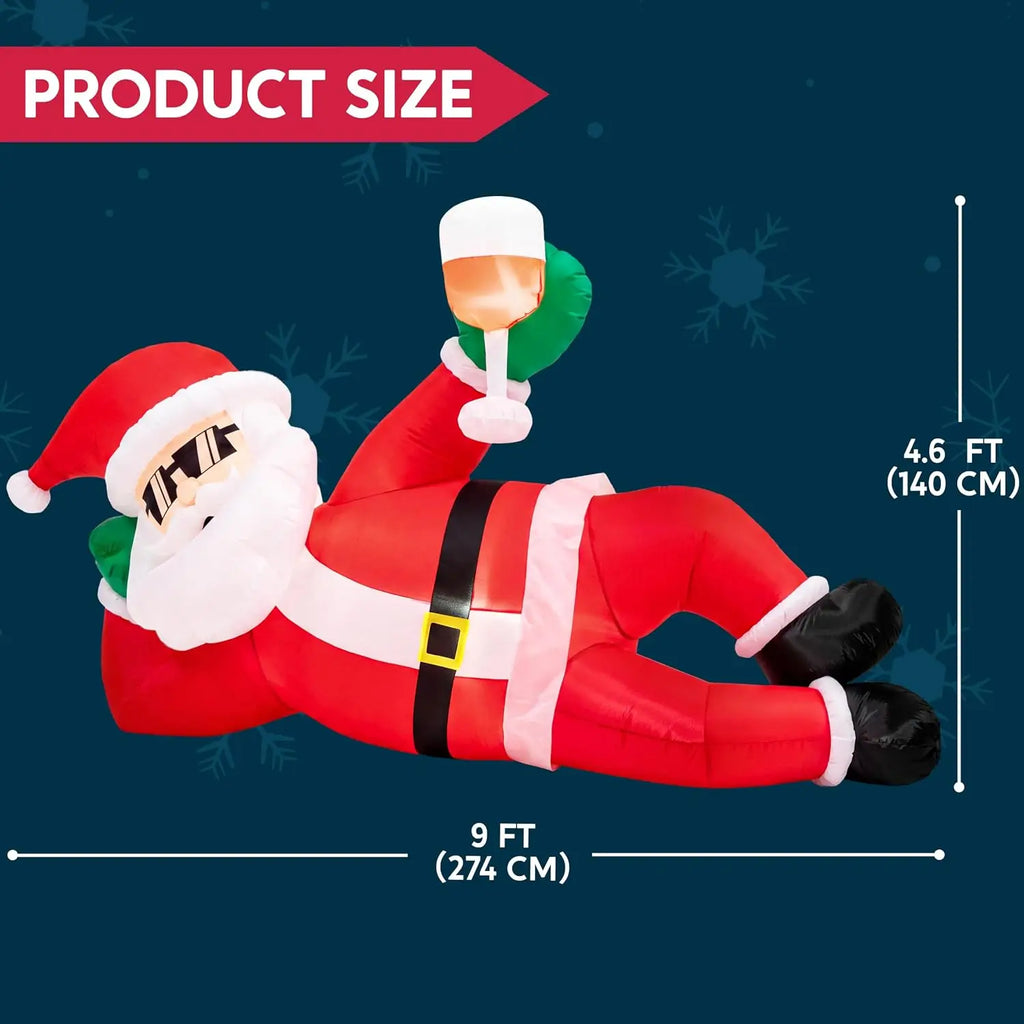 9FT Giant Christmas Inflatable Santa Outdoor Decoration Lying Santa Claus Christmas Blow Ups Yard Decorations with Built‑in LED Lights for Xmas Roof Lawn Garden Patio Holiday Party Decor
