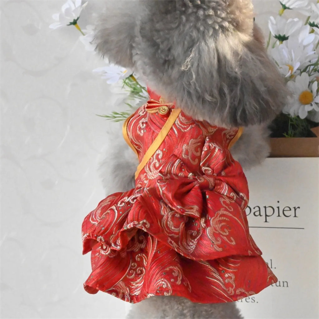 Chinese-Inspired Red & Gold Dog Dress with Bow