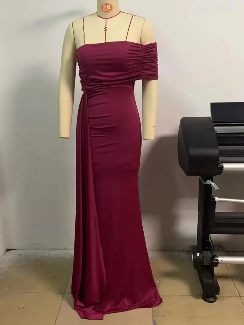 Asymmetric Off-Shoulder Draped Evening Gown