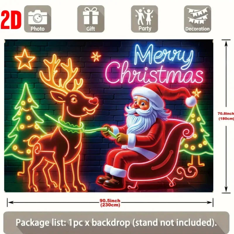 Neon-Style Santa & Reindeer Christmas Photo Backdrop