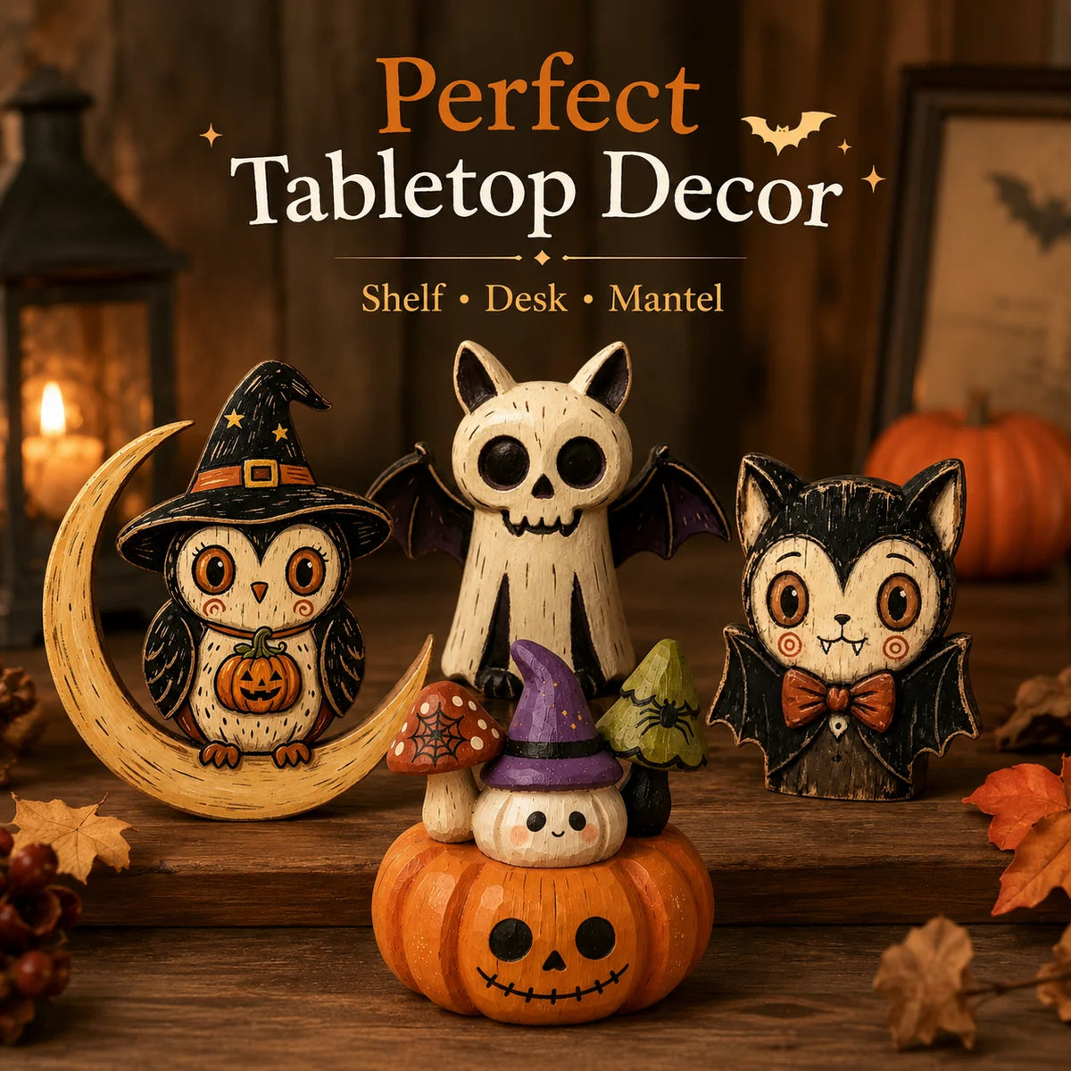 Wooden Halloween Tabletop Figures – Owl, Ghost, Pumpkin & Cat