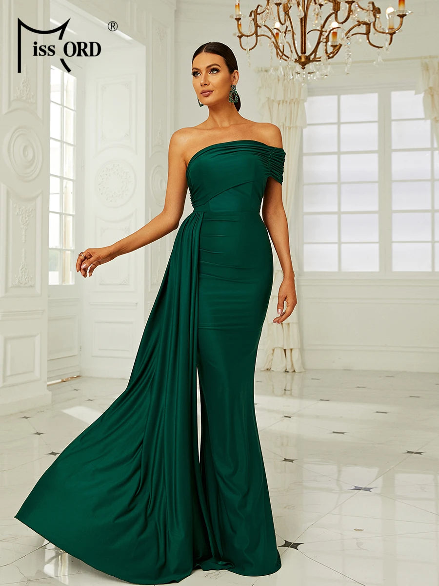 Asymmetric Off-Shoulder Draped Evening Gown
