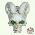 Gothic Horned Skull Ring with Green Eyes